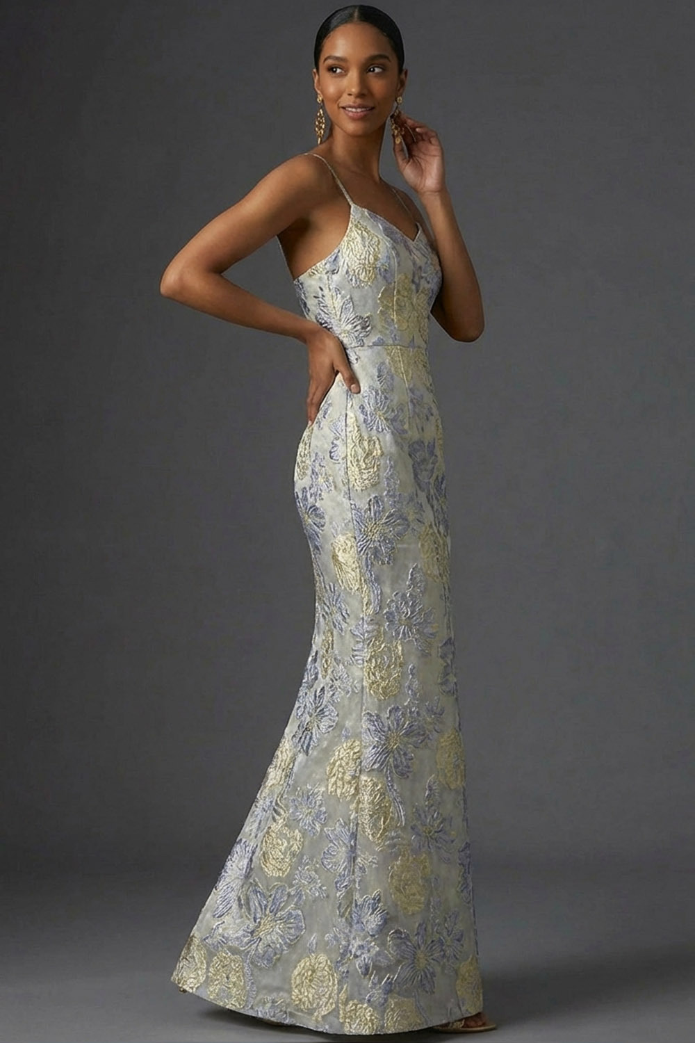 Dusty Blue Floral Mermaid Long Jacquard Wedding Guest Dress