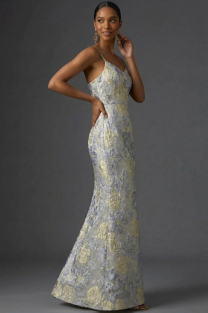 Dusty Blue Floral Mermaid Long Jacquard Wedding Guest Dress