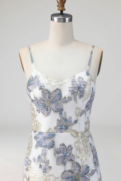 Dusty Blue Floral Mermaid Long Jacquard Wedding Guest Dress