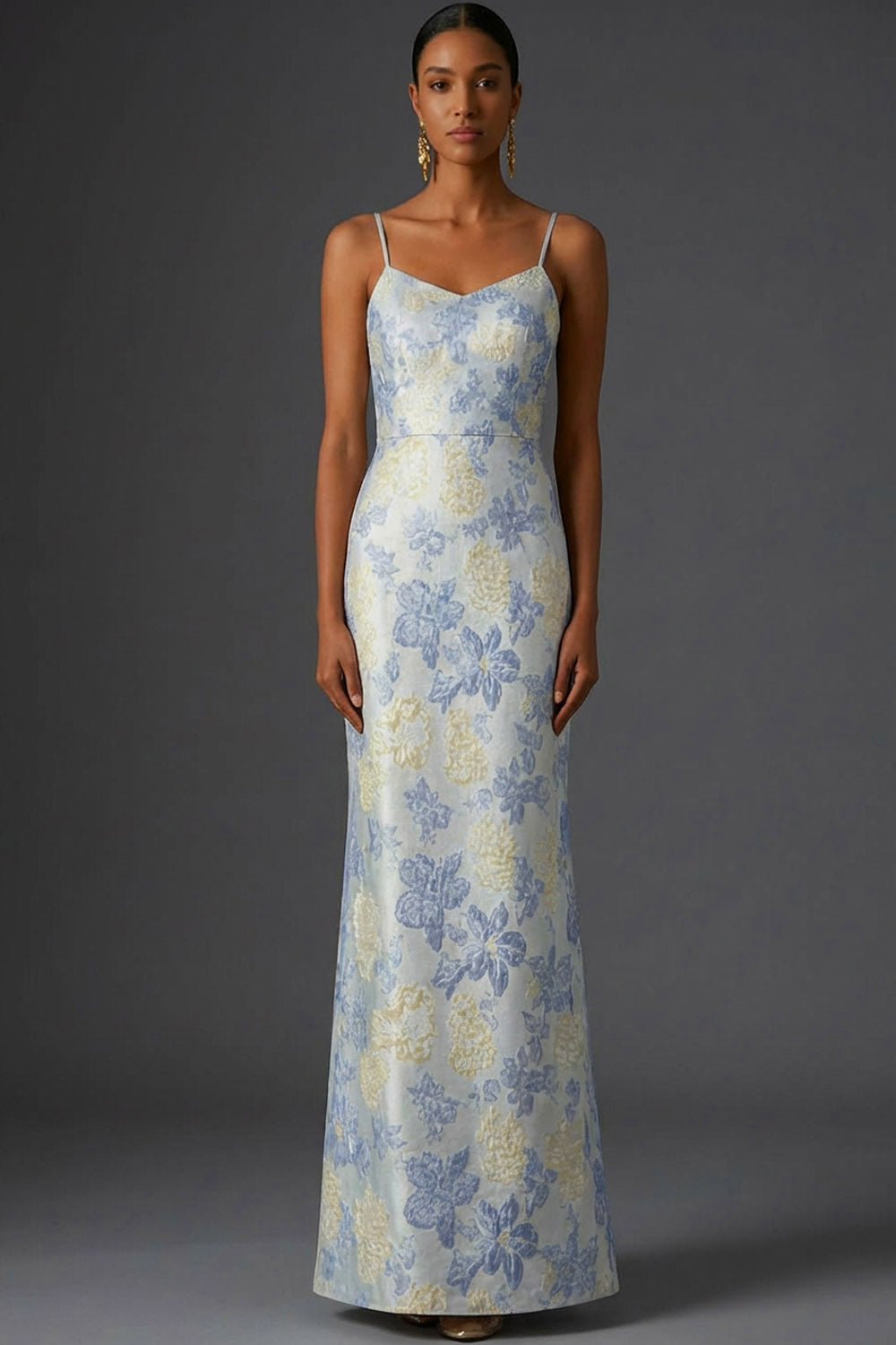 Dusty Blue Floral Mermaid Long Jacquard Wedding Guest Dress
