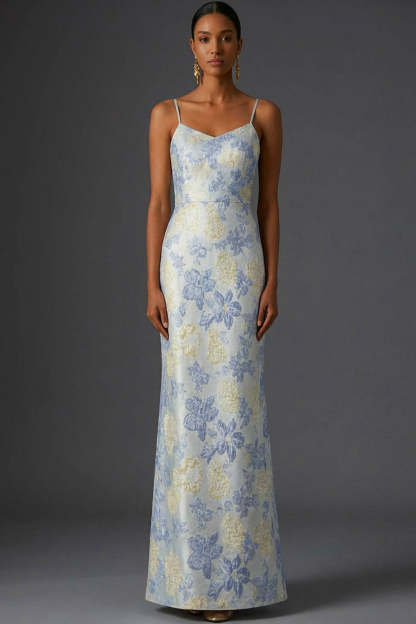 Dusty Blue Floral Mermaid Long Jacquard Wedding Guest Dress