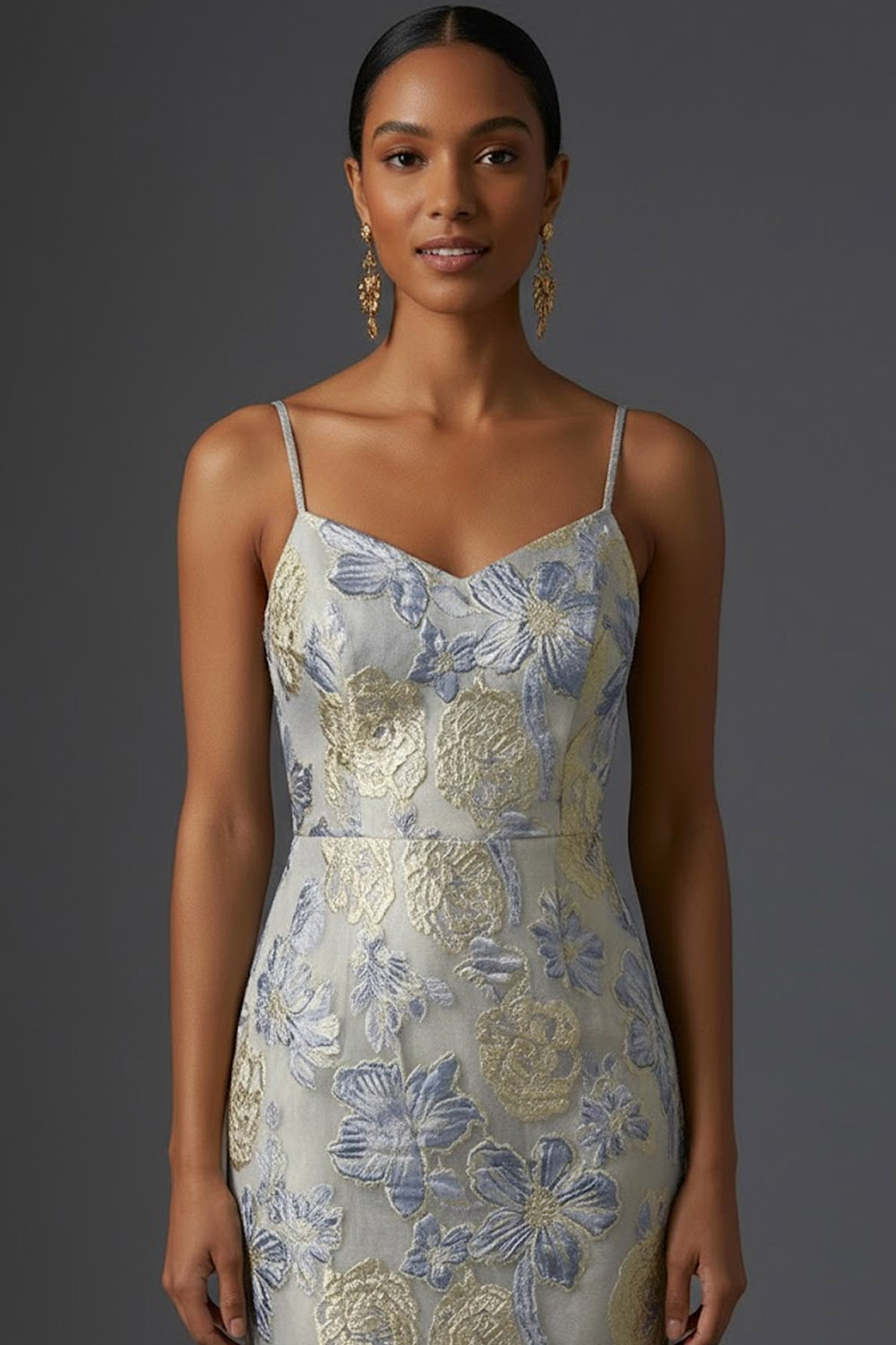 Dusty Blue Floral Mermaid Long Jacquard Wedding Guest Dress