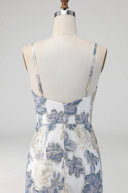 Dusty Blue Floral Mermaid Long Jacquard Wedding Guest Dress