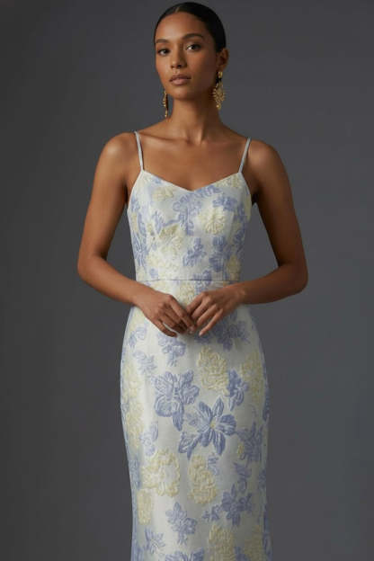 Dusty Blue Floral Mermaid Long Jacquard Wedding Guest Dress