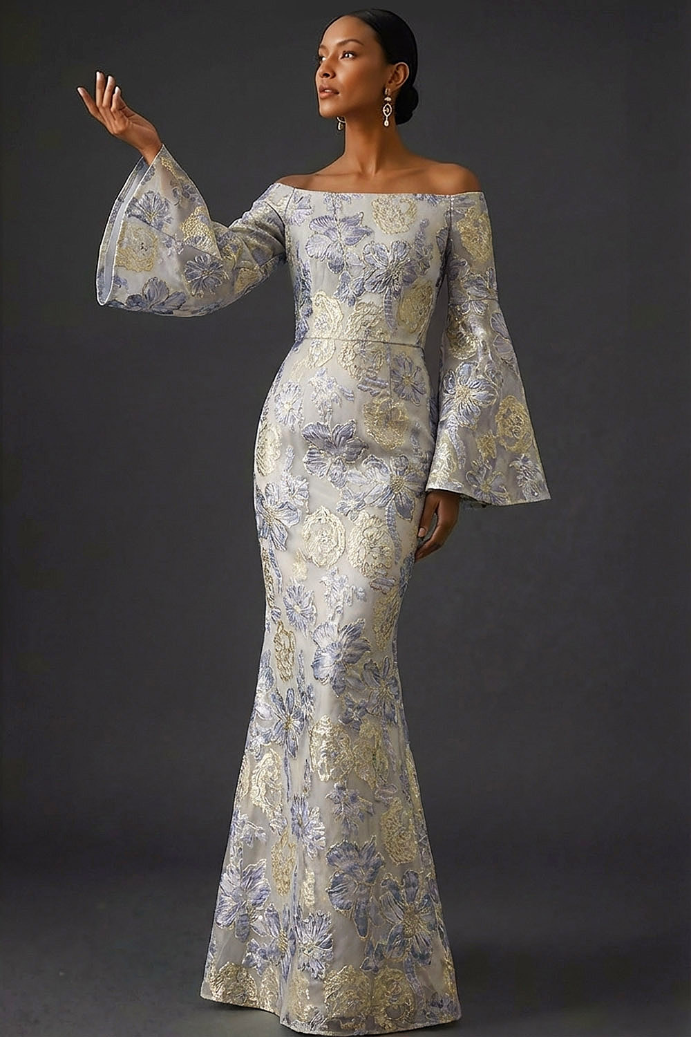 Dusty Blue Floral Flutter Sleeves Mermaid Long Wedding Guest Dress