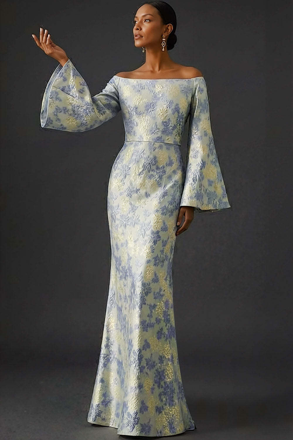 Leely Women Dusty Blue Floral Long Wedding Guest Dress Jacquard Off the Shoulder Flutter Sleeves Formal Dress