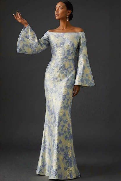 Leely Women Dusty Blue Floral Long Wedding Guest Dress Jacquard Off the Shoulder Flutter Sleeves Formal Dress