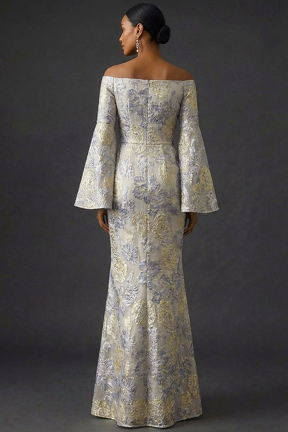 Dusty Blue Floral Flutter Sleeves Mermaid Long Wedding Guest Dress