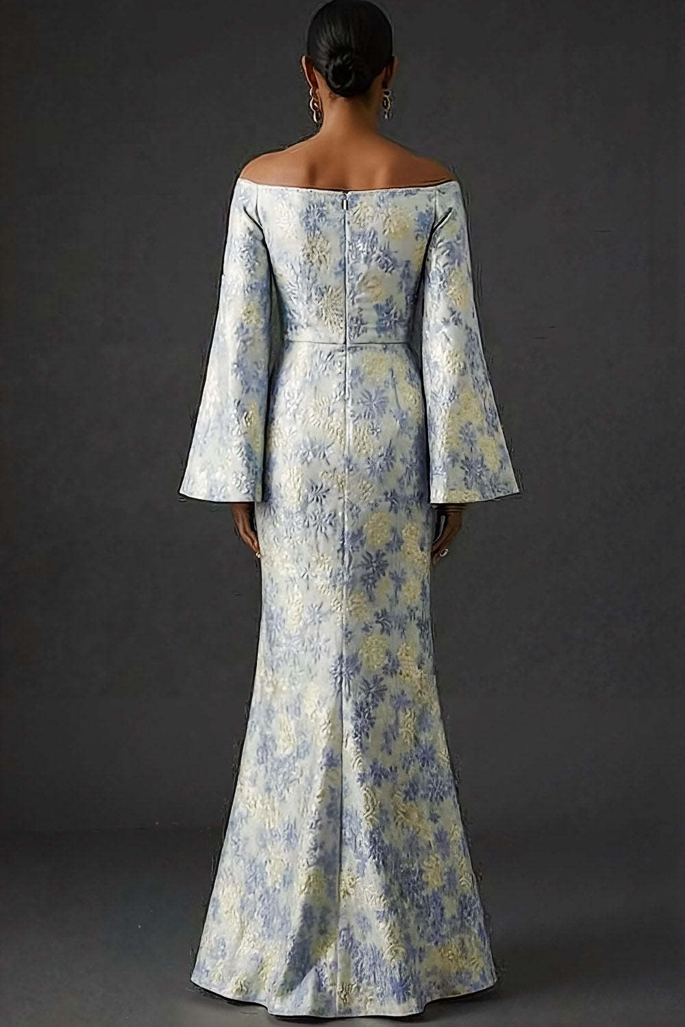 Dusty Blue Floral Flutter Sleeves Mermaid Long Wedding Guest Dress