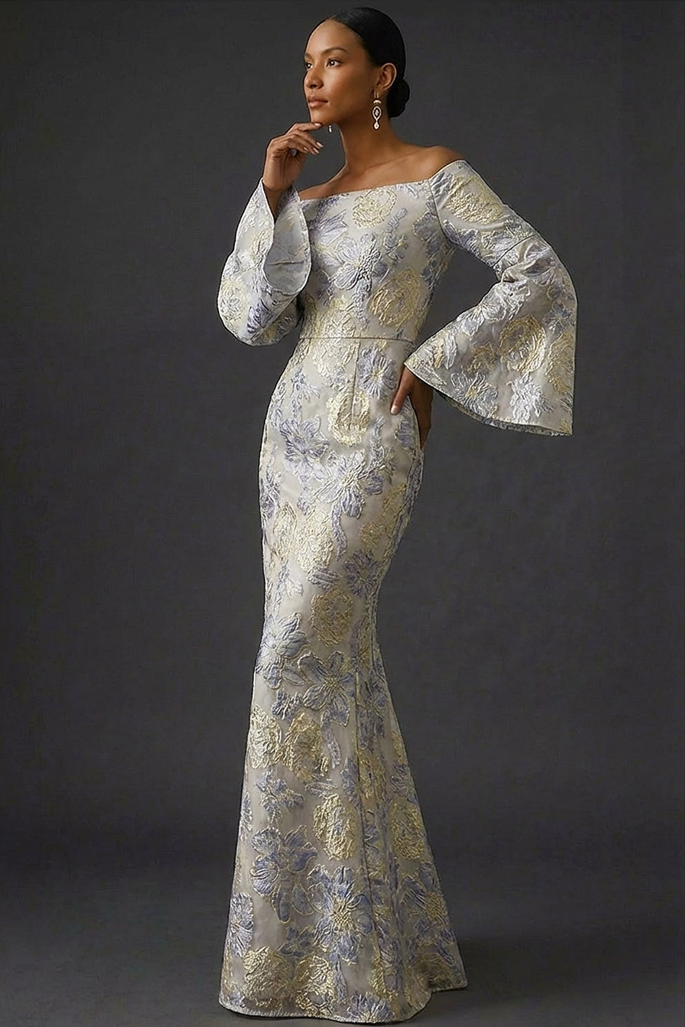 Dusty Blue Floral Flutter Sleeves Mermaid Long Wedding Guest Dress