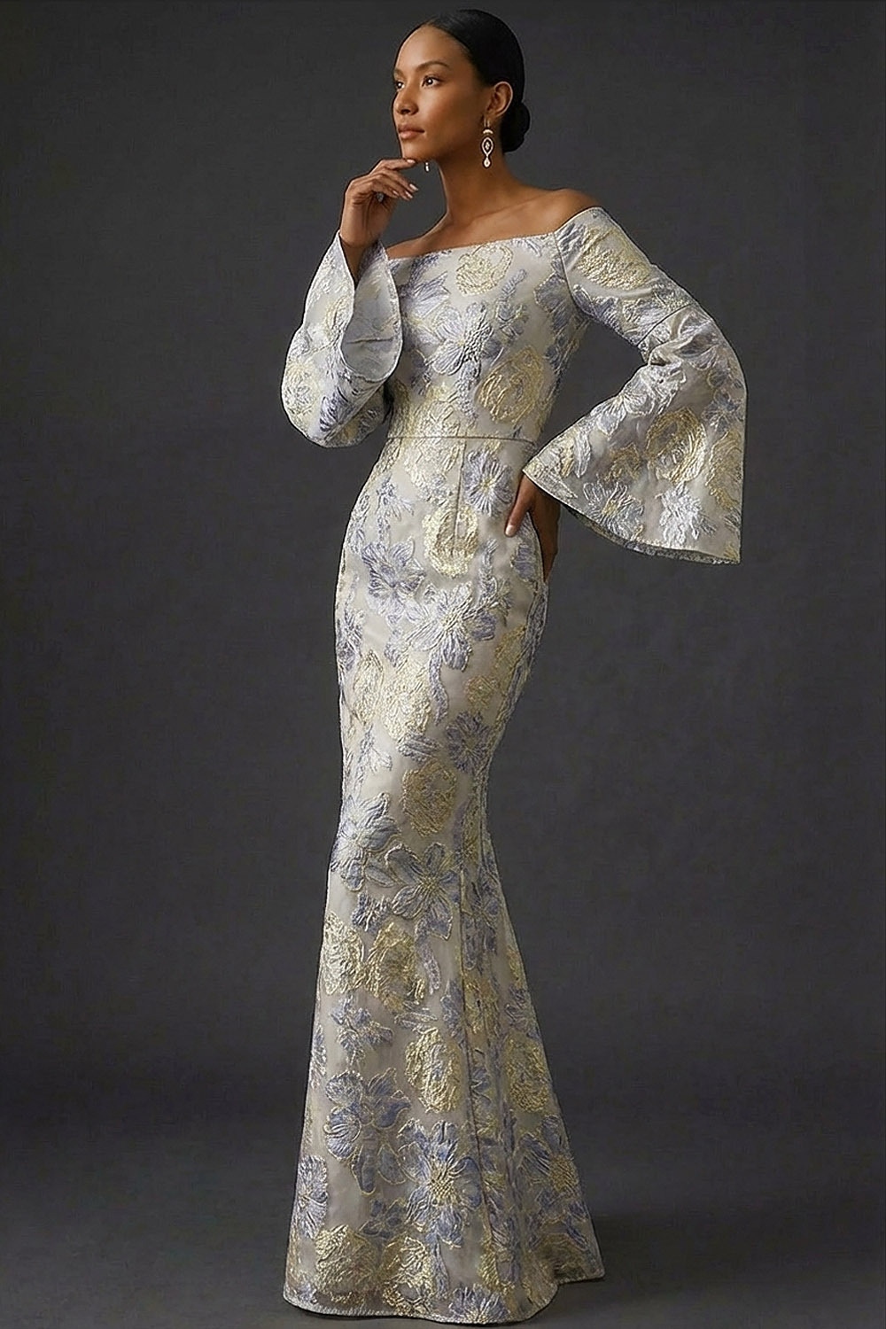 Dusty Blue Floral Flutter Sleeves Mermaid Long Wedding Guest Dress