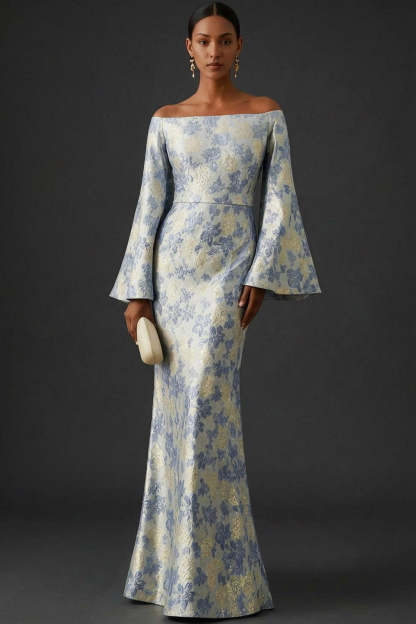 Dusty Blue Floral Flutter Sleeves Mermaid Long Wedding Guest Dress