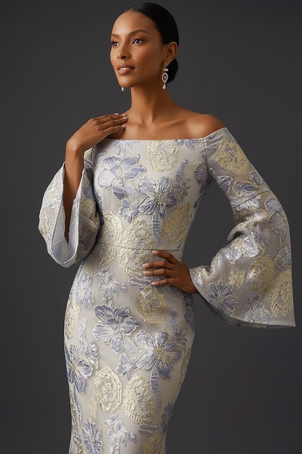 Dusty Blue Floral Flutter Sleeves Mermaid Long Wedding Guest Dress