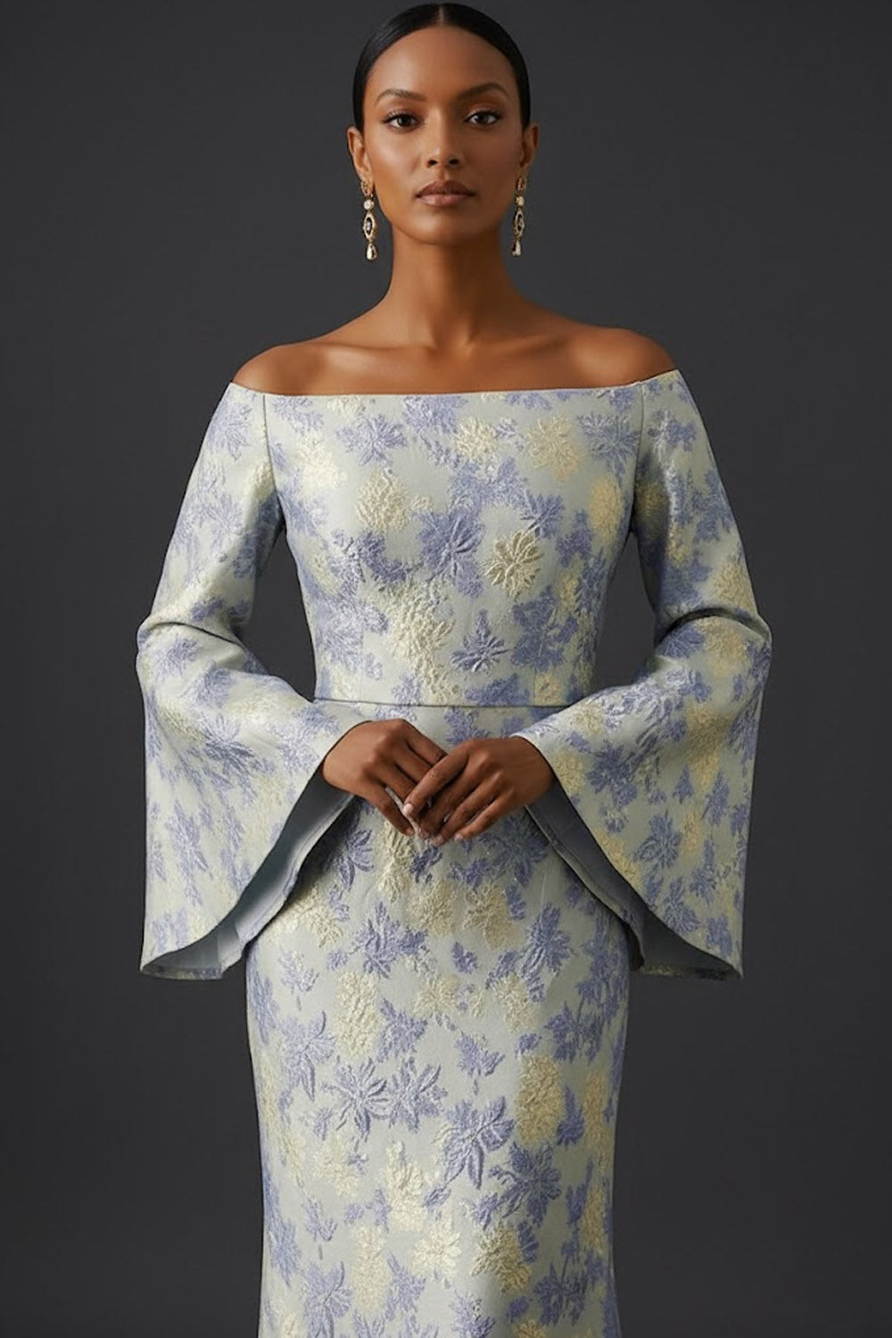 Dusty Blue Floral Flutter Sleeves Mermaid Long Wedding Guest Dress