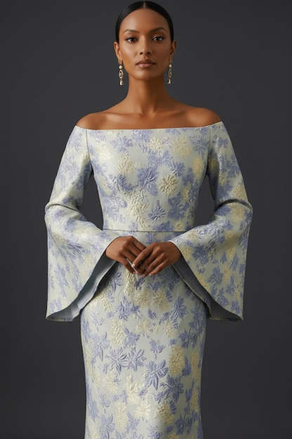 Dusty Blue Floral Flutter Sleeves Mermaid Long Wedding Guest Dress