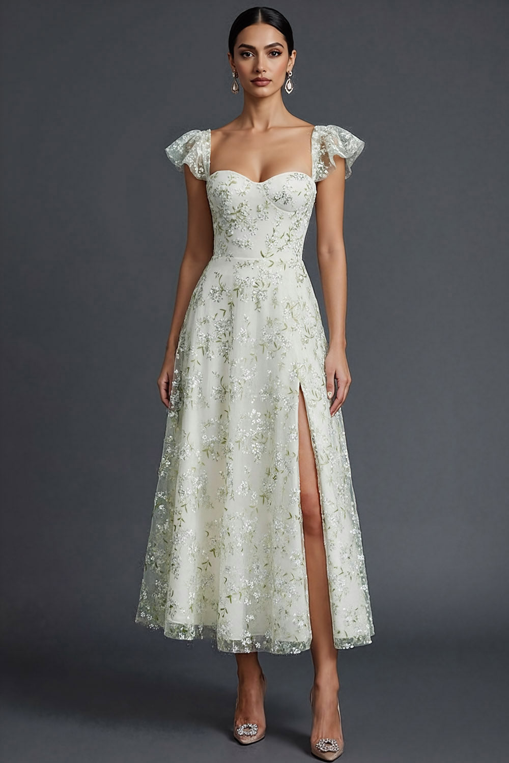 Blue Floral Sweetheart A Line Long Wedding Guest Dress with Ruffles