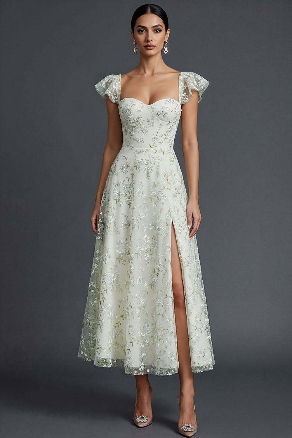 Leely Women Light Green Floral Long Wedding Guest Dress with Ruffles Sweetheart A Line Flutter Sleeves Formal Dress with Slit