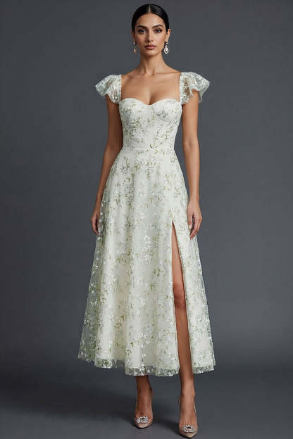 Leely Women Light Green Floral Long Wedding Guest Dress with Ruffles Sweetheart A Line Flutter Sleeves Formal Dress with Slit