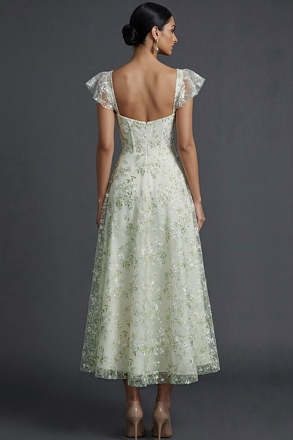 Blue Floral Sweetheart A Line Long Wedding Guest Dress with Ruffles