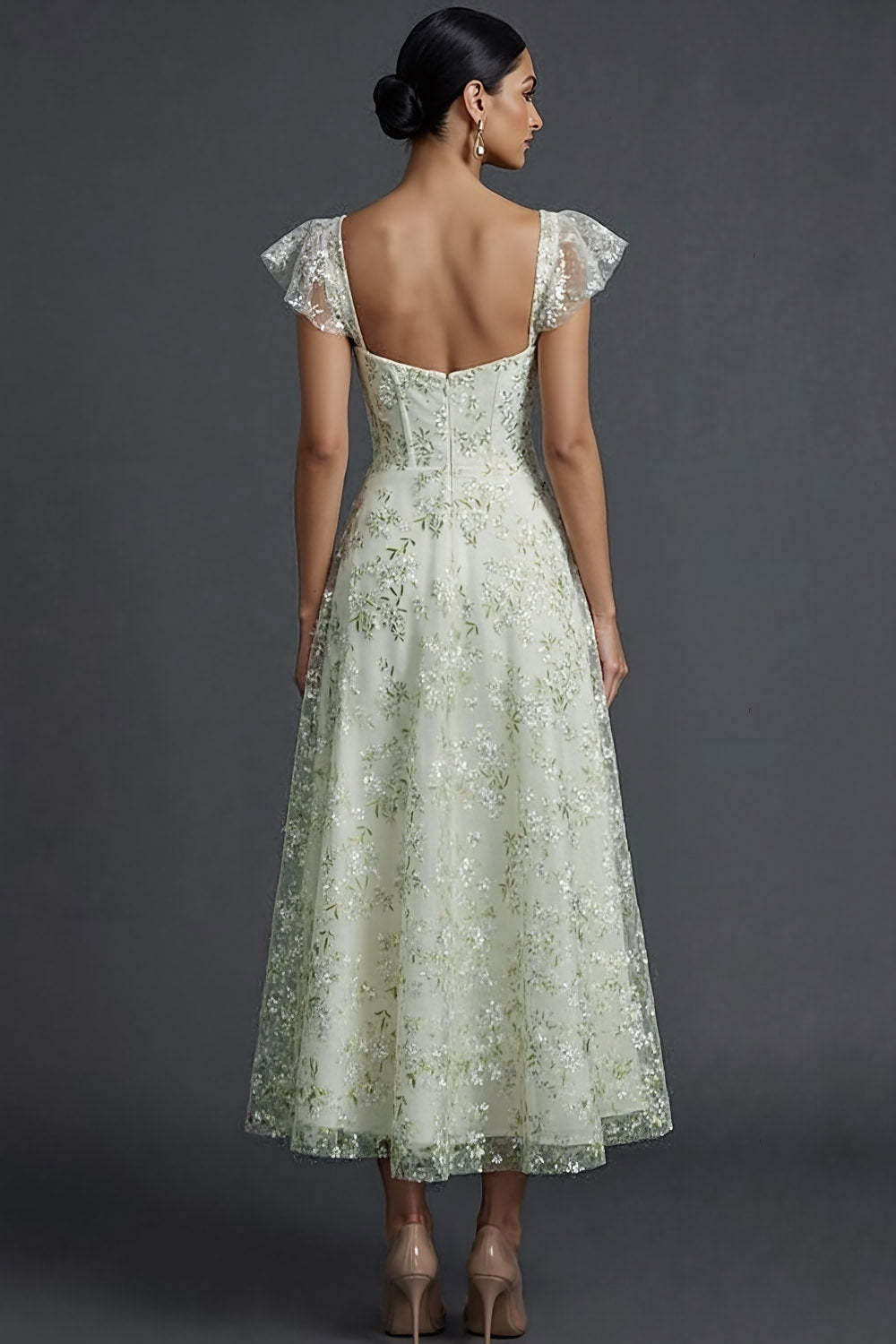 Blue Floral Sweetheart A Line Long Wedding Guest Dress with Ruffles