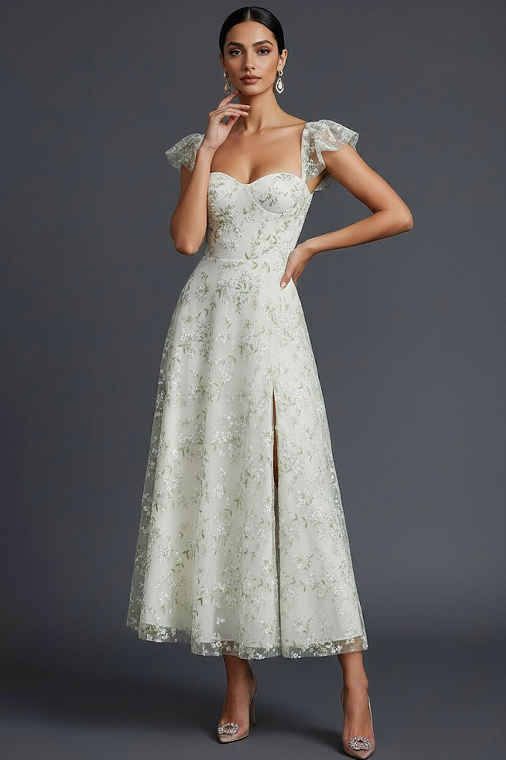 Blue Floral Sweetheart A Line Long Wedding Guest Dress with Ruffles