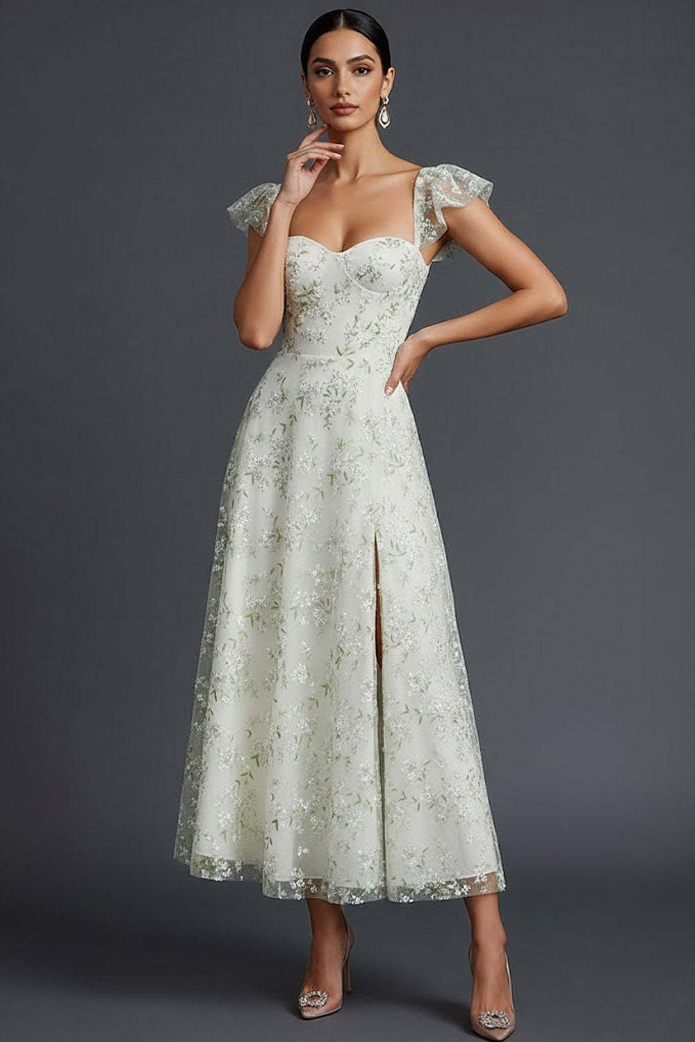 Blue Floral Sweetheart A Line Long Wedding Guest Dress with Ruffles