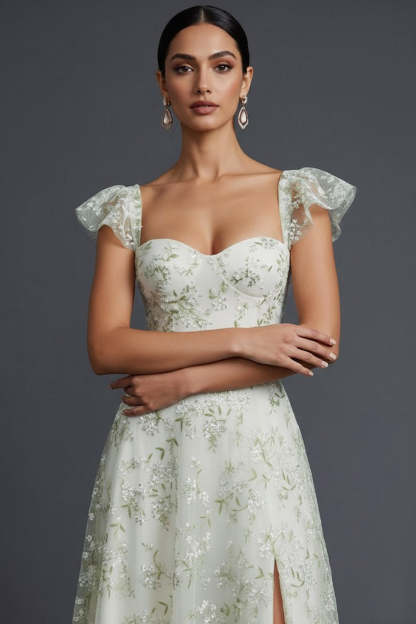 Blue Floral Sweetheart A Line Long Wedding Guest Dress with Ruffles