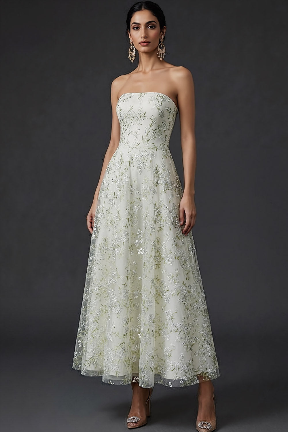 Leely Women Light Green Floral Midi Wedding Guest Dress Strapless A Line Embroidered Formal Dress