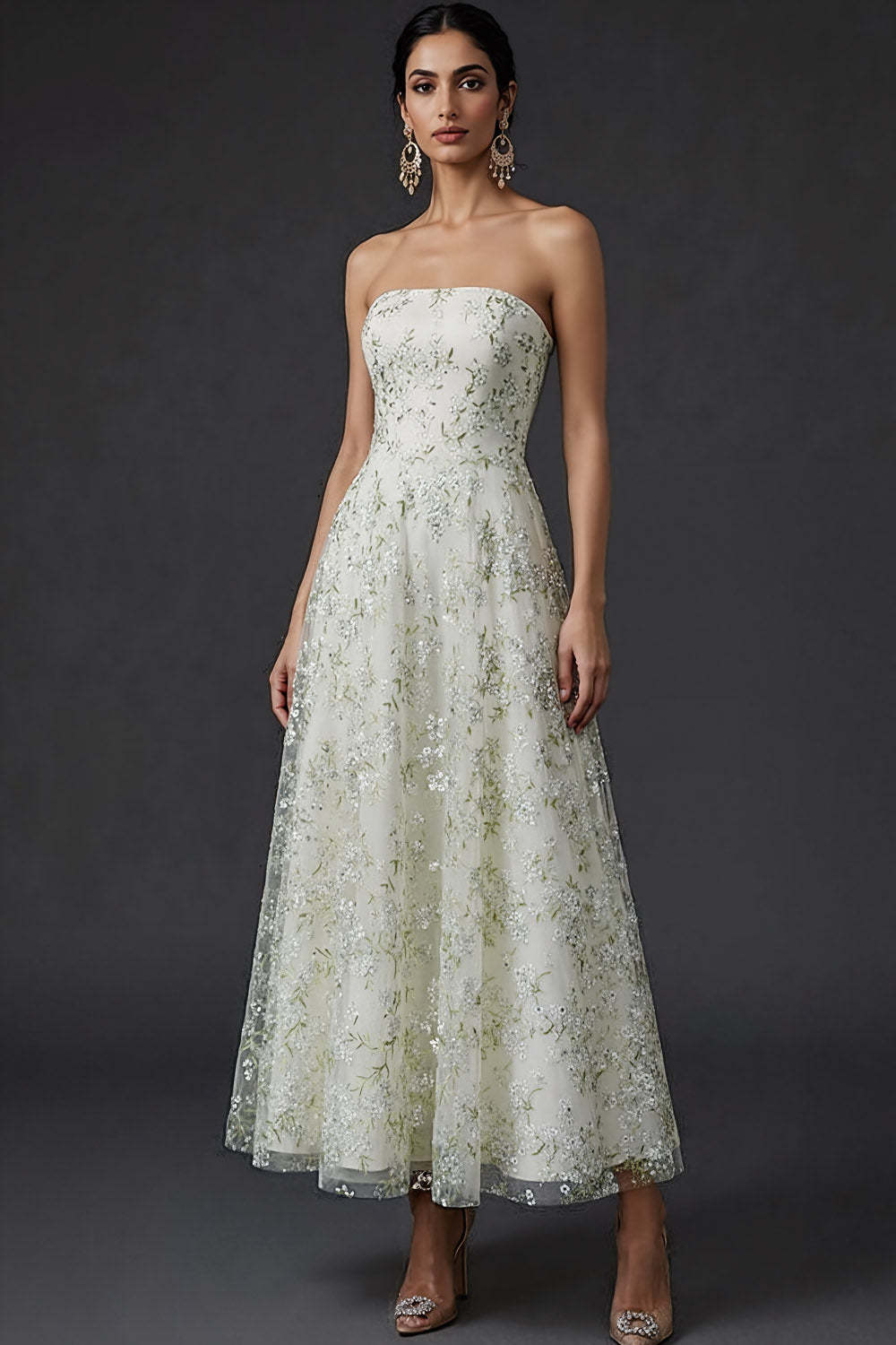 Leely Women Light Green Floral Midi Wedding Guest Dress Strapless A Line Embroidered Formal Dress