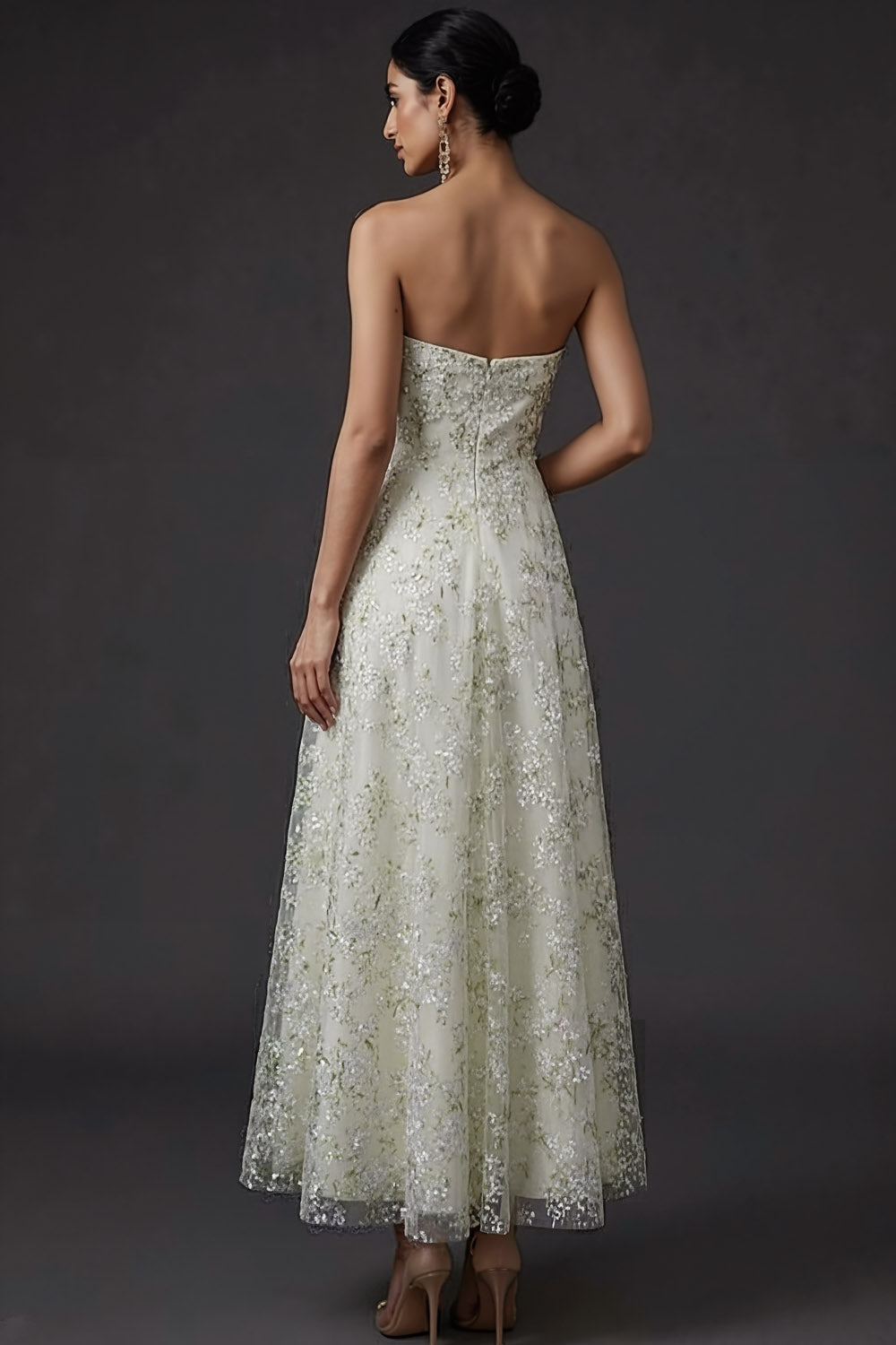 Light Green Floral Strapless A Line Midi Wedding Guest Dress