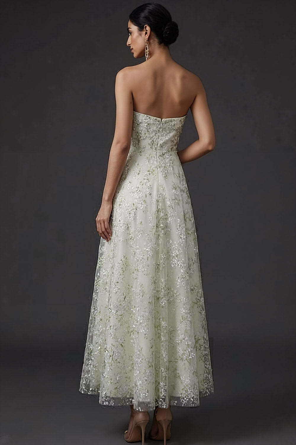 Light Green Floral Strapless A Line Midi Wedding Guest Dress
