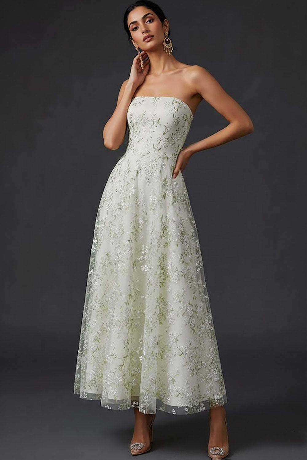 Light Green Floral Strapless A Line Midi Wedding Guest Dress