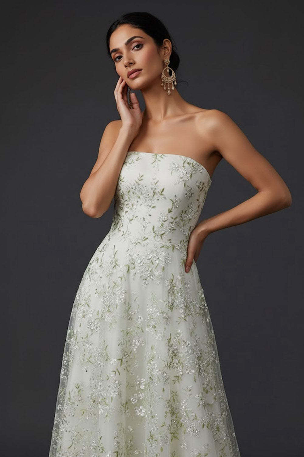 Light Green Floral Strapless A Line Midi Wedding Guest Dress