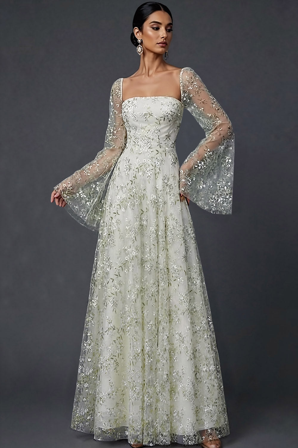 Light Green Floral Flutter Sleeves Maxi A Line Wedding Guest Dress