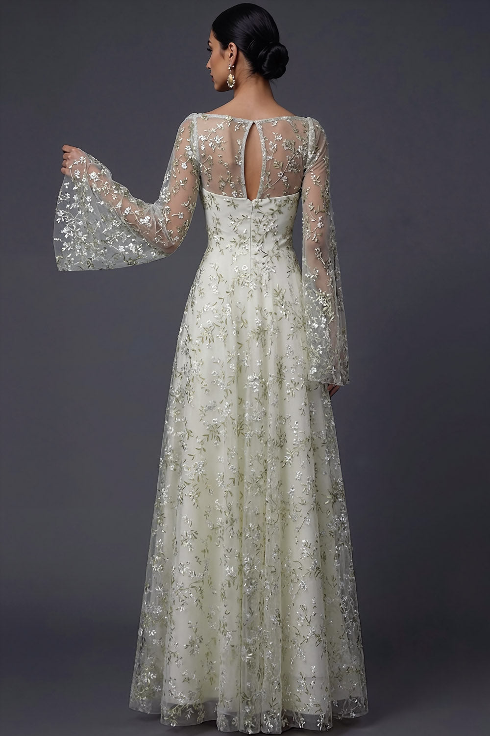 Light Green Floral Flutter Sleeves Maxi A Line Wedding Guest Dress