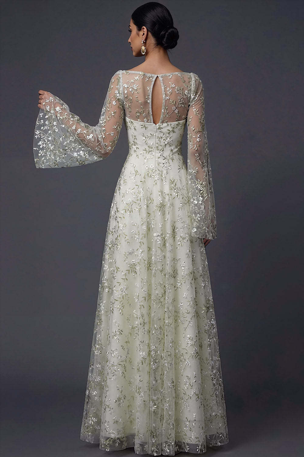 Light Green Floral Flutter Sleeves Maxi A Line Wedding Guest Dress