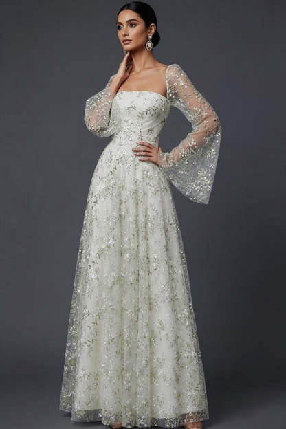 Light Green Floral Flutter Sleeves Maxi A Line Wedding Guest Dress