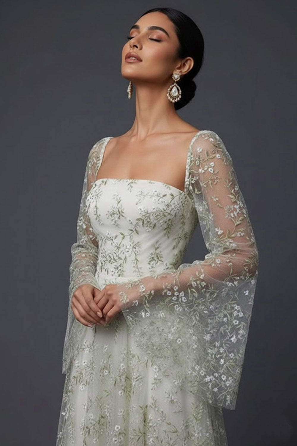 Light Green Floral Flutter Sleeves Maxi A Line Wedding Guest Dress