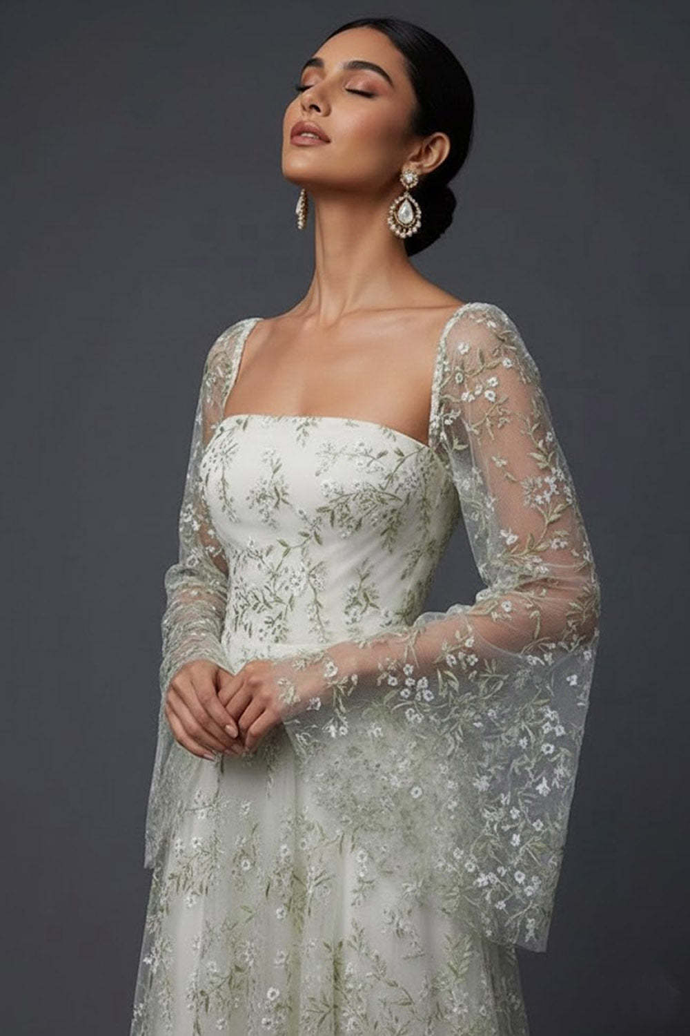 Light Green Floral Flutter Sleeves Maxi A Line Wedding Guest Dress