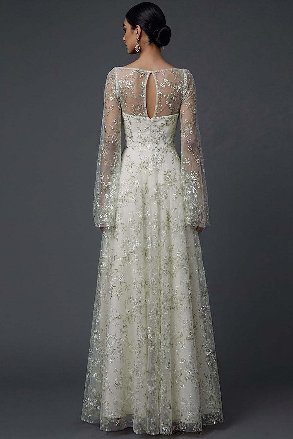 Light Green Floral Flutter Sleeves Maxi A Line Wedding Guest Dress