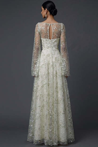 Light Green Floral Flutter Sleeves Maxi A Line Wedding Guest Dress