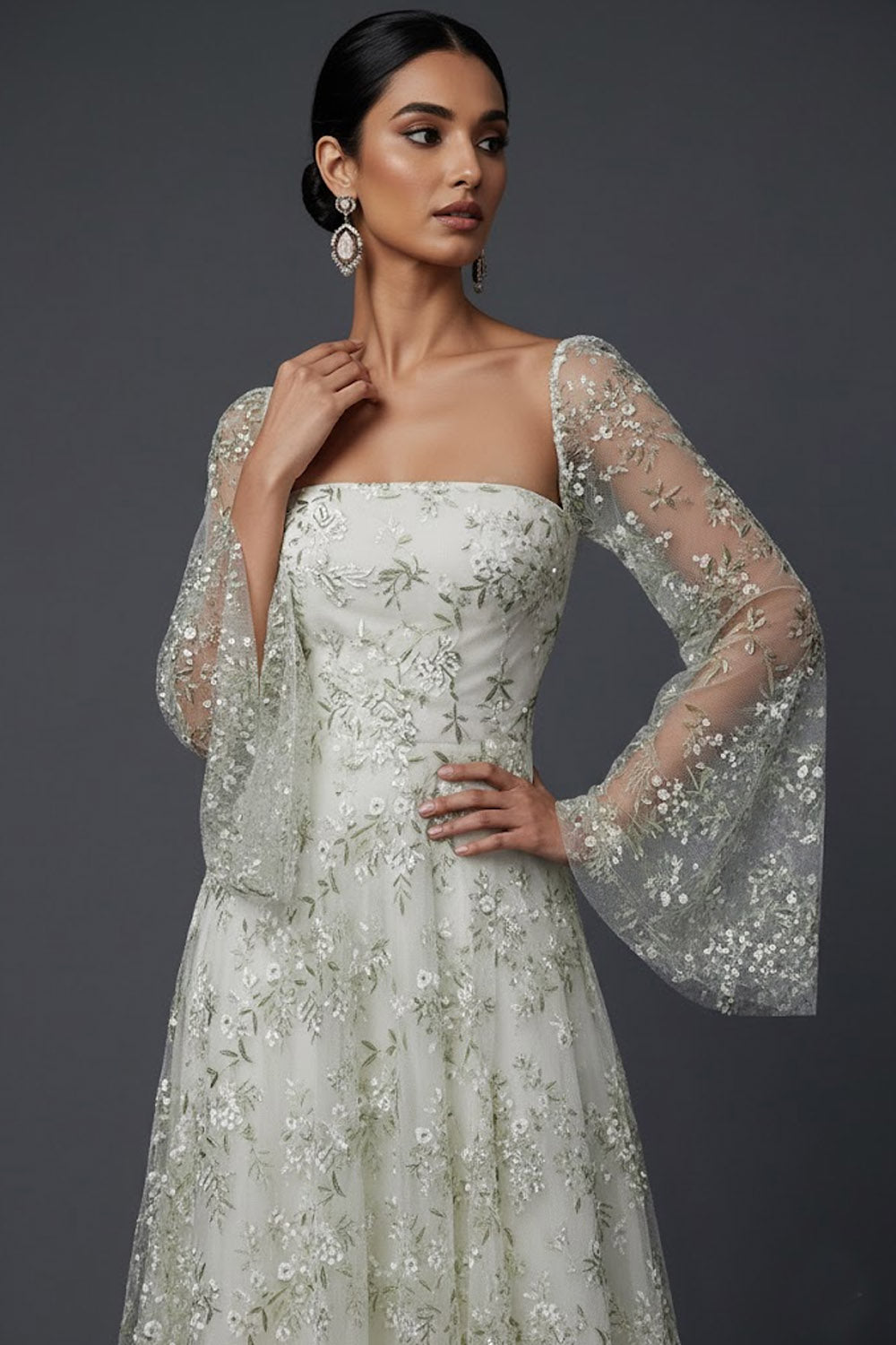 Light Green Floral Flutter Sleeves Maxi A Line Wedding Guest Dress