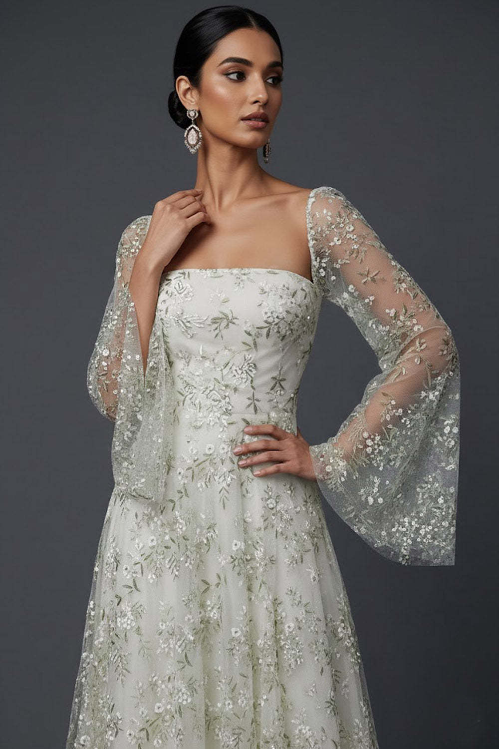 Light Green Floral Flutter Sleeves Maxi A Line Wedding Guest Dress