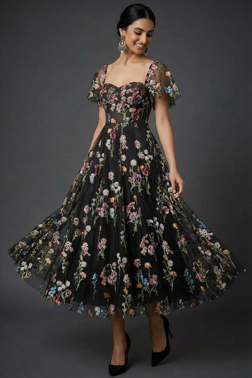 Black Floral Sweetheart A Line Midi Wedding Guest Dress with Sleeves