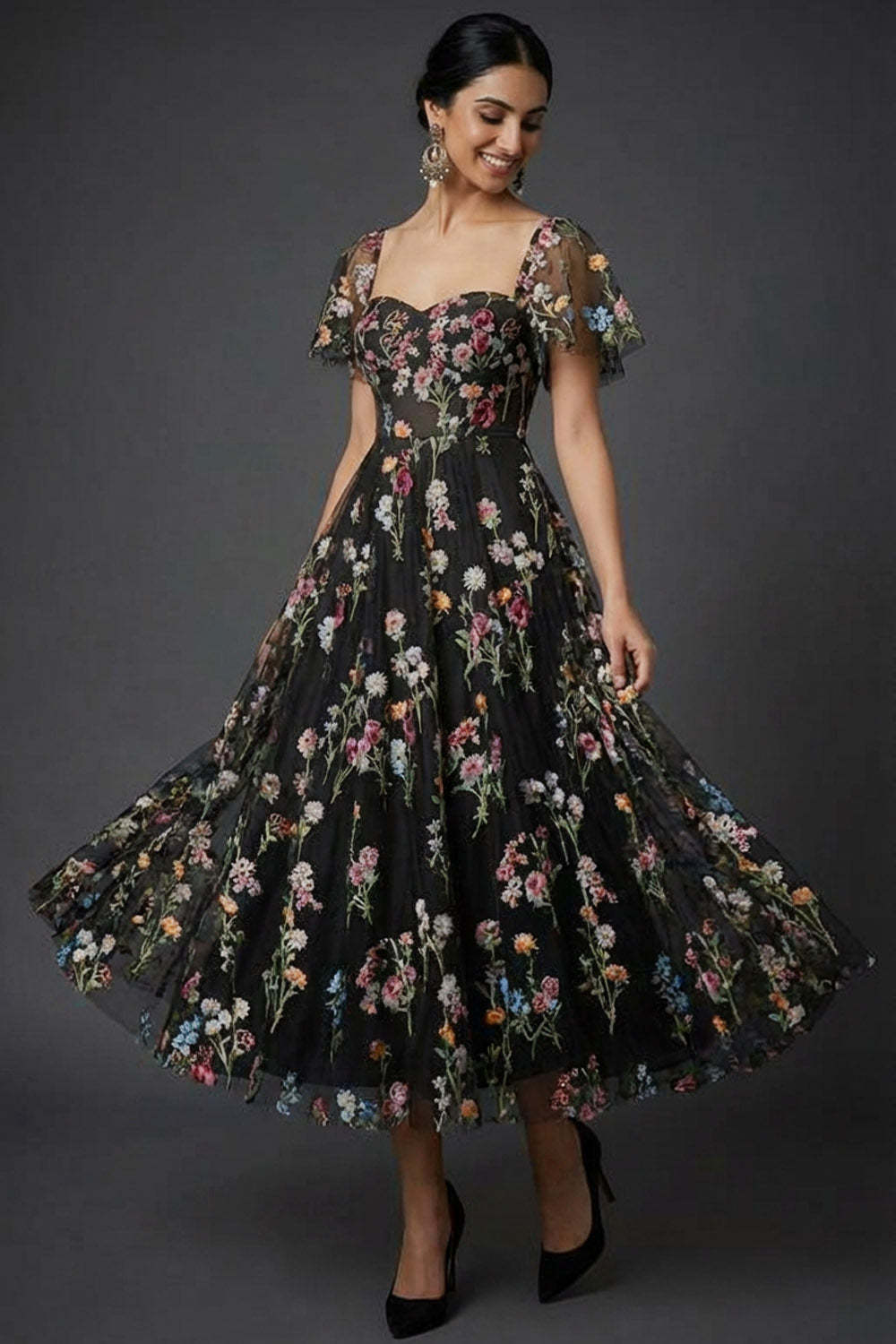 Leely Women Black Floral Midi Wedding Guest Dress with Sleeves Sweetheart A Line Embroidered Formal Dress