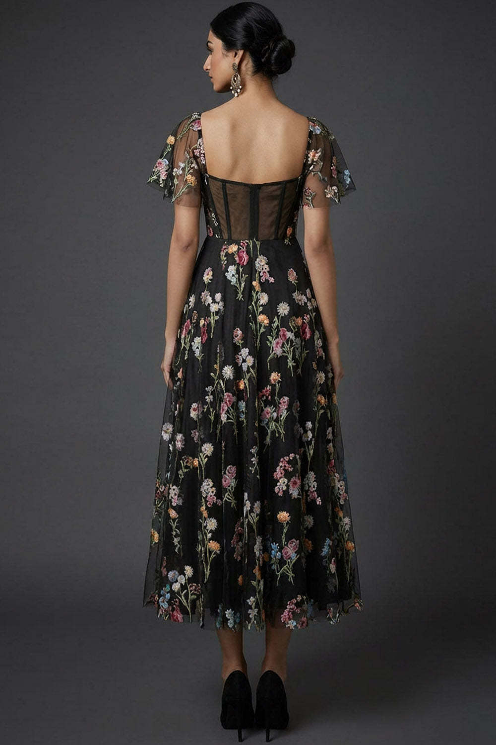 Black Floral Sweetheart A Line Midi Wedding Guest Dress with Sleeves