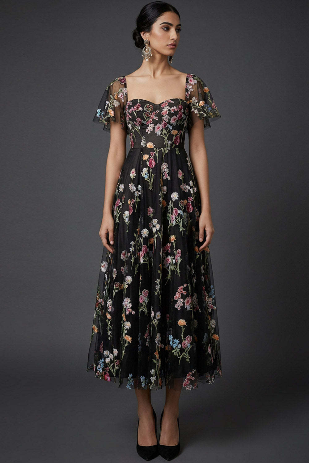 Black Floral Sweetheart A Line Midi Wedding Guest Dress with Sleeves