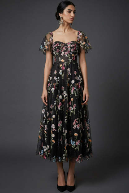 Black Floral Sweetheart A Line Midi Wedding Guest Dress with Sleeves