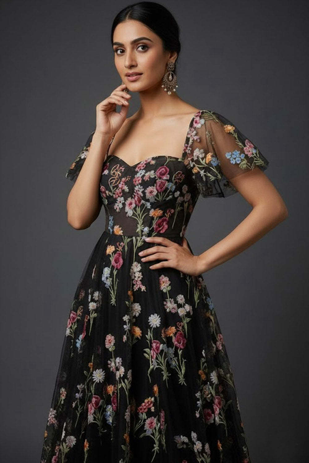 Black Floral Sweetheart A Line Midi Wedding Guest Dress with Sleeves