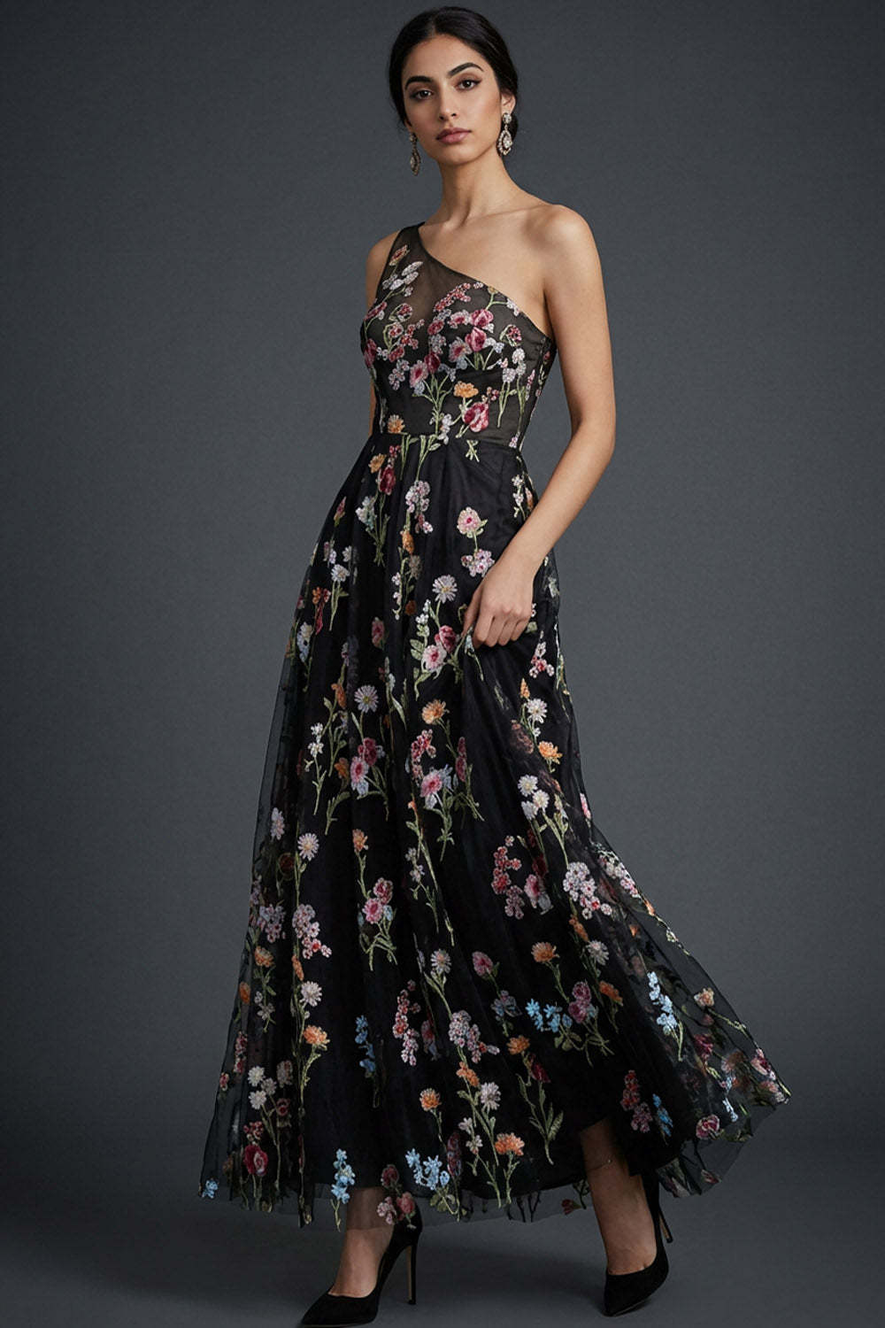 Leely Women Black Floral Maxi One Shoulder Wedding Guest Dress A Line Embroidered Formal Dress